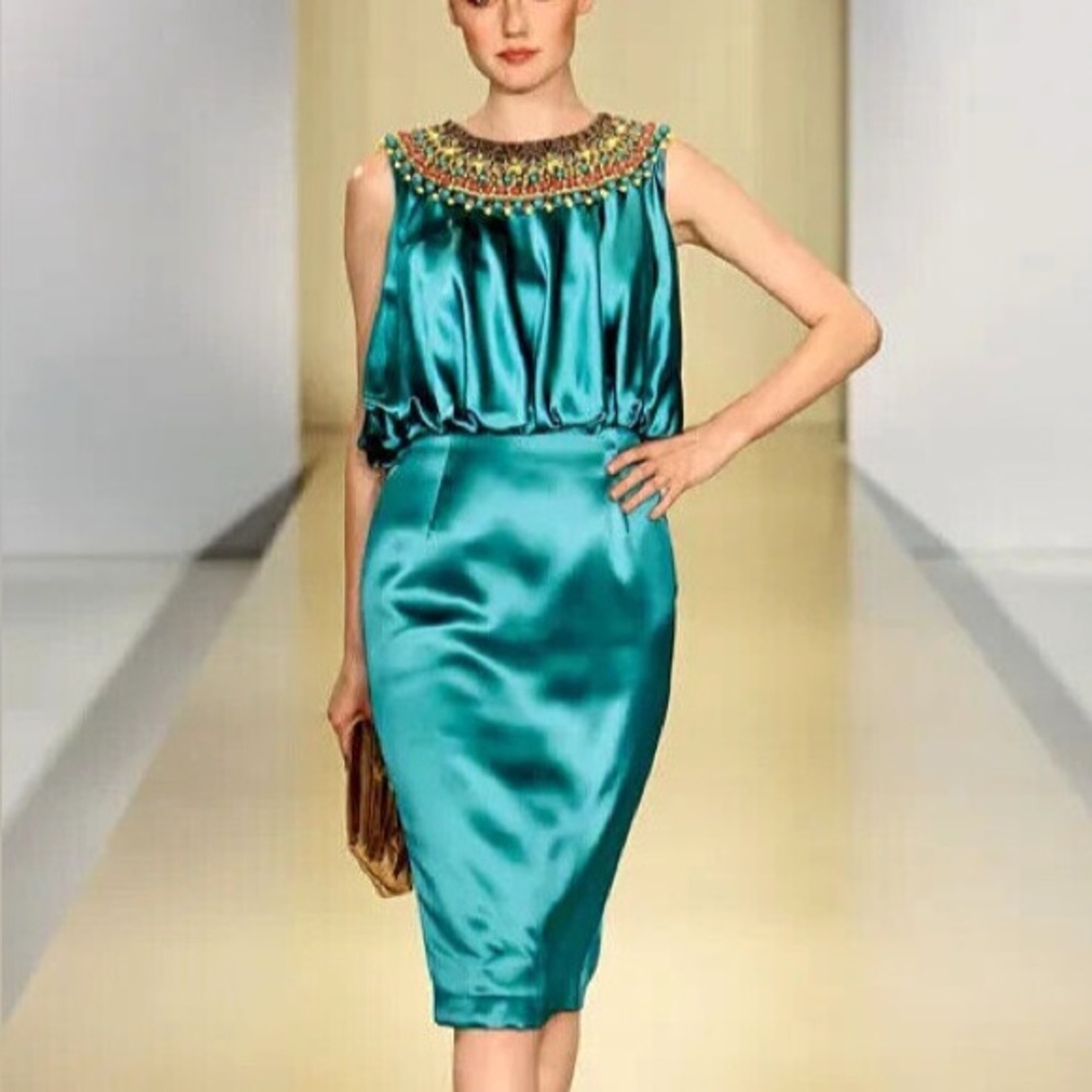 Escada 2009 SS Embellished Turquoise Silk Blouson Dress Sz M